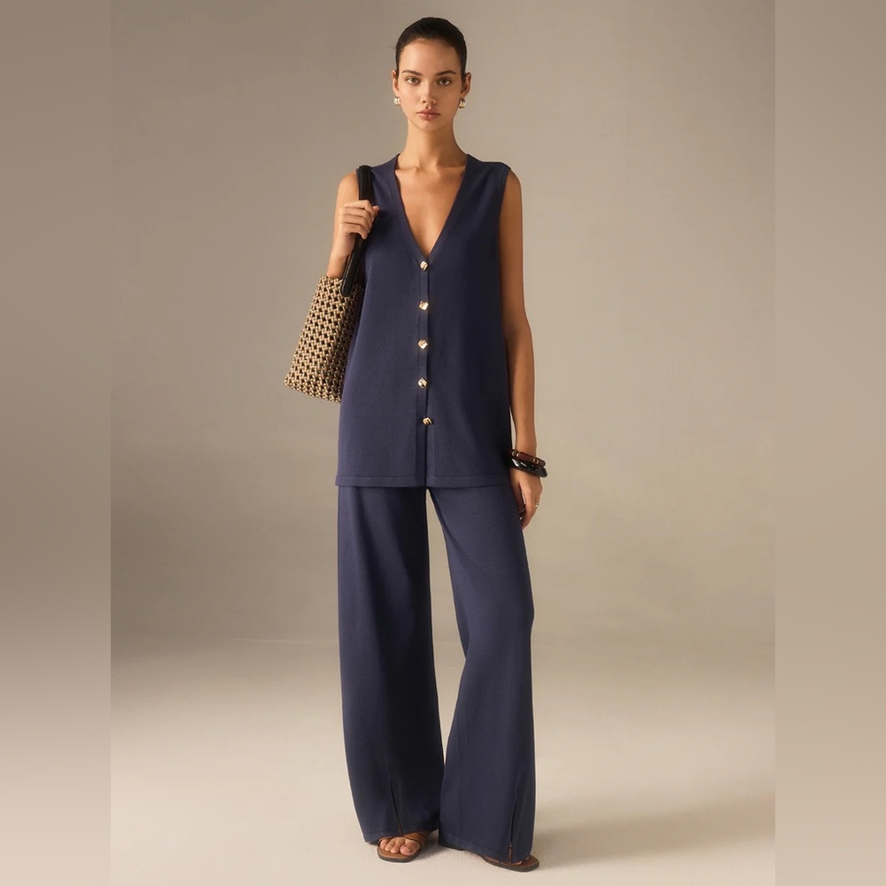 Commense Golden Button Knit Vest Pants Set